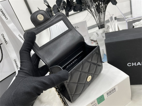 Cha.nel Mini Trendy CC Flap Bag With Chain Lambskin Gold Tone Metal Black A68063