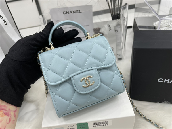 Cha.nel Mini Trendy CC Flap Bag With Chain Lambskin Gold Tone Metal Blue A68063