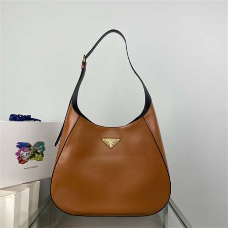 Prada Large leather shoulder bag with topstitching Brown 1BC181
