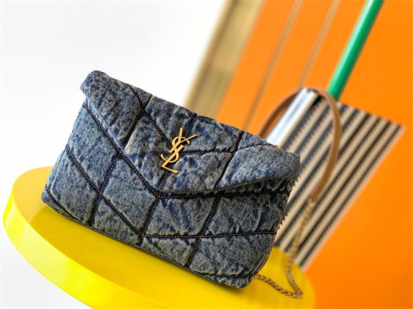 Y.S.L TOY PUFFER In Black Denim Fabric Gold Tone Metal