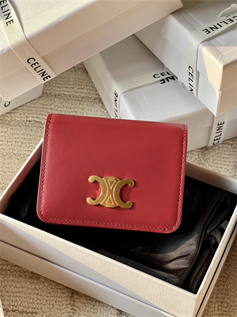 Celine TRIOMPHE COMPACT WALLET in Shiny calfskin Red