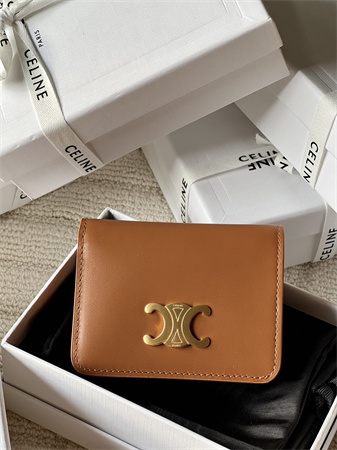 Celine TRIOMPHE COMPACT WALLET in Shiny calfskin Brown
