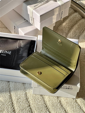 Celine TRIOMPHE COMPACT WALLET in Shiny calfskin Kaki Green