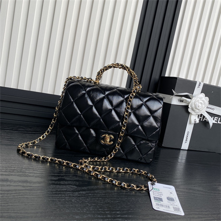 Chanel Mini Flap Bag with Top Handle Shiny Lambskin & Gold-Tone Metal Black AS5043