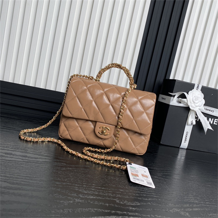 Chanel Mini Flap Bag with Top Handle Shiny Lambskin & Gold-Tone Metal Brown AS5043