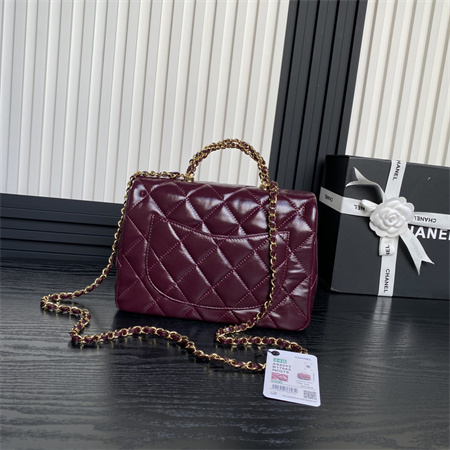 Chanel Mini Flap Bag with Top Handle Shiny Lambskin & Gold-Tone Metal Burgundy AS5043