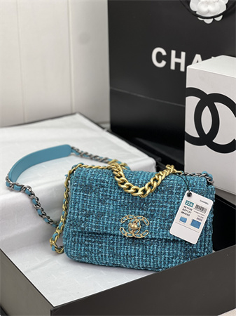 Chanel 19 Bag Tweed Gold Tone Blue AS1160