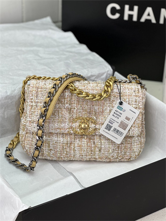Chanel 19 Bag Tweed Gold Tone Beige AS1160