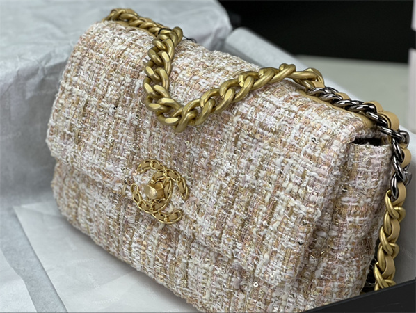 Chanel 19 Bag Tweed Gold Tone Beige AS1160