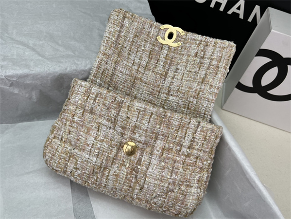 Chanel 19 Bag Tweed Gold Tone Beige AS1160