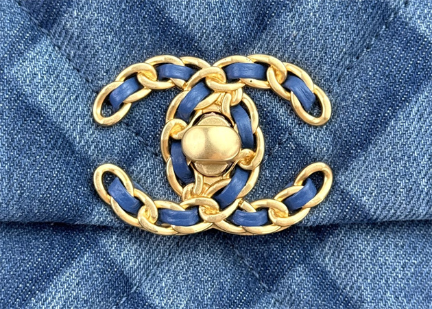 Large Chanel 19 Bag Denim Fabric Gold Tone AS1161