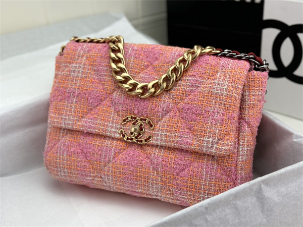 Large Chanel 19 Bag Tweed Gold Tone Pink AS1161