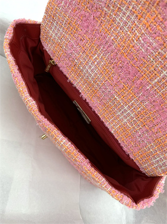 Large Chanel 19 Bag Tweed Gold Tone Pink AS1161