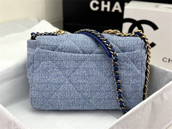 Large Chanel 19 Bag Tweed Gold Tone Blue AS1161