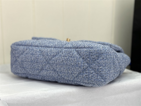 Large Chanel 19 Bag Tweed Gold Tone Blue AS1161