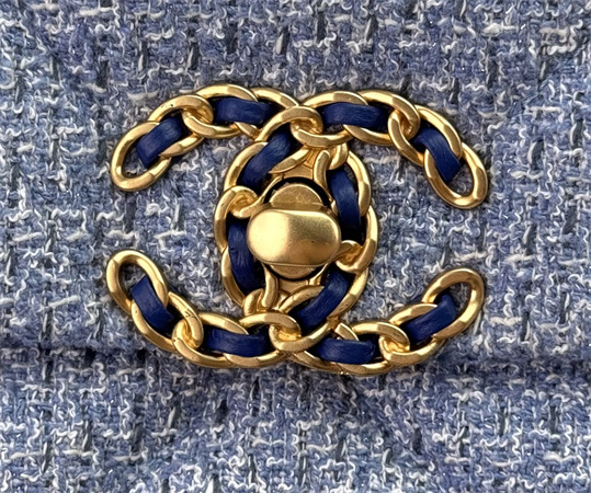 Large Chanel 19 Bag Tweed Gold Tone Blue AS1161