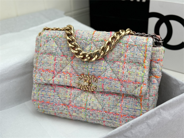 Large Chanel 19 Bag Tweed Gold Tone Multicolor AS1161
