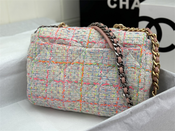 Large Chanel 19 Bag Tweed Gold Tone Multicolor AS1161