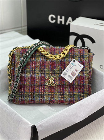 Large Chanel 19 Bag Tweed Gold Tone Multicolor AS1161