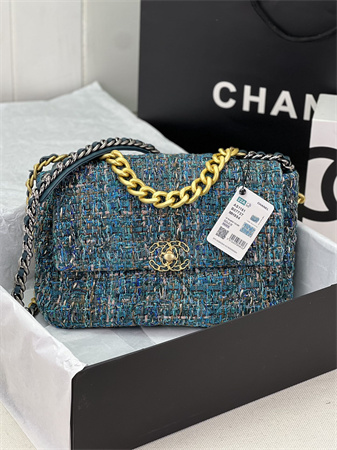 Large Chanel 19 Bag Tweed Gold Tone Multicolor AS1161