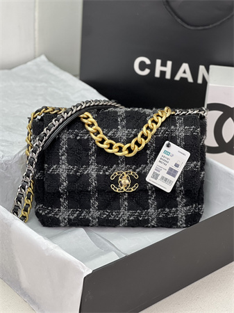 Large Chanel 19 Bag Tweed Gold Tone Black/Grey AS1161