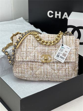 Large Chanel 19 Bag Tweed Gold Tone Beige AS1161