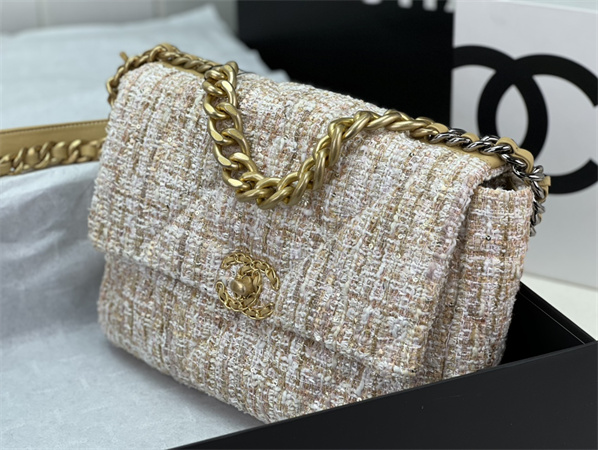 Large Chanel 19 Bag Tweed Gold Tone Beige AS1161
