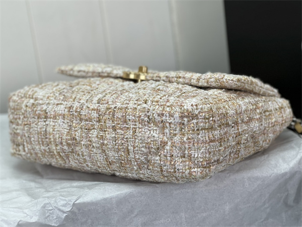 Large Chanel 19 Bag Tweed Gold Tone Beige AS1161