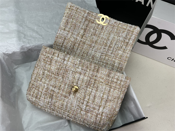 Large Chanel 19 Bag Tweed Gold Tone Beige AS1161