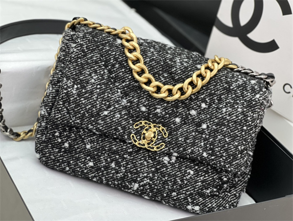 Large Chanel 19 Bag Tweed Gold Tone Black/White AS1161
