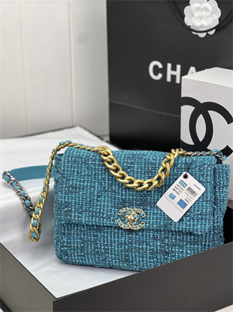 Large Chanel 19 Bag Tweed Gold Tone Blue AS1161