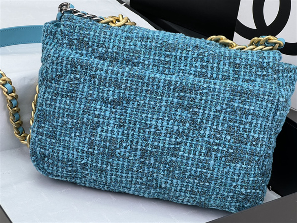 Large Chanel 19 Bag Tweed Gold Tone Blue AS1161