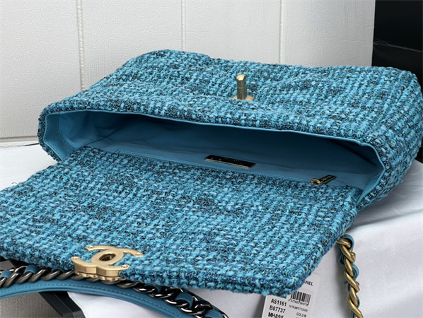 Large Chanel 19 Bag Tweed Gold Tone Blue AS1161