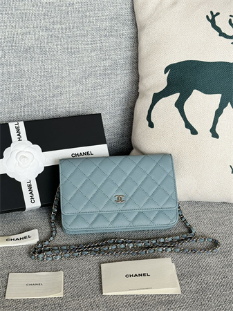 Chanel Wallet On Chain Grained Calfskin Silver Tone Metal Blue AP0250