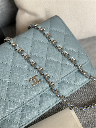 Chanel Wallet On Chain Grained Calfskin Silver Tone Metal Blue AP0250