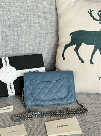 Chanel Wallet On Chain Grained Calfskin Silver Tone Metal Blue AP0250