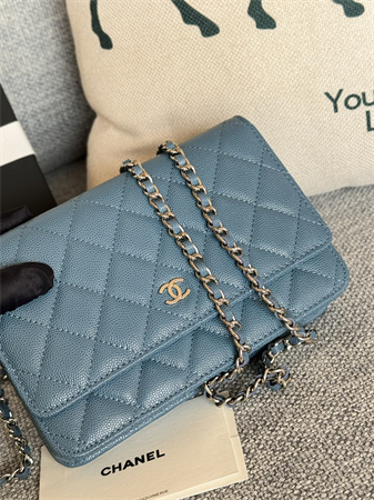 Chanel Wallet On Chain Grained Calfskin Silver Tone Metal Blue AP0250