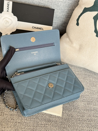 Chanel Wallet On Chain Grained Calfskin Silver Tone Metal Blue AP0250
