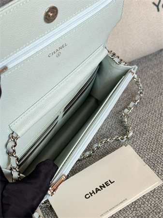 Chanel Wallet On Chain Grained Calfskin Silver Tone Metal Pale Blue AP0250