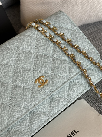 Chanel Wallet On Chain Grained Calfskin Gold Tone Metal Pale Blue AP0250