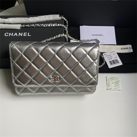 Chanel Wallet On Chain Lambskin Silver Tone Metal Silver AP0250