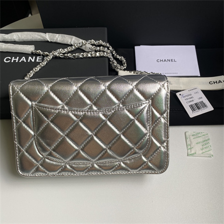 Chanel Wallet On Chain Lambskin Silver Tone Metal Silver AP0250