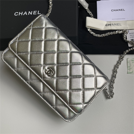 Chanel Wallet On Chain Lambskin Silver Tone Metal Silver AP0250
