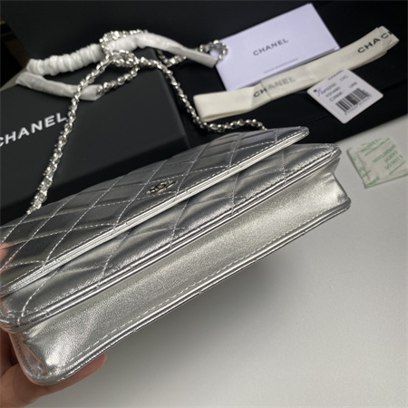 Chanel Wallet On Chain Lambskin Silver Tone Metal Silver AP0250