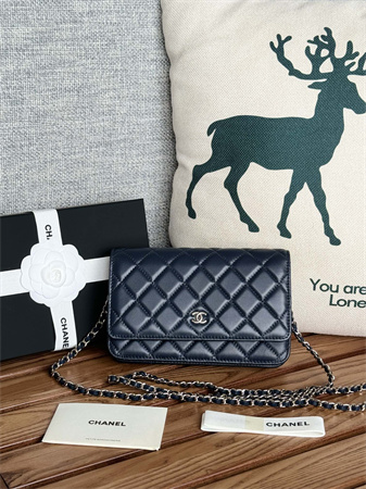 Chanel Wallet On Chain Lambskin Silver Tone Metal Navy AP0250