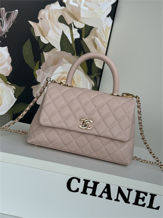 Chanel Small Coco Handle Bag Grained Calfskin Lt Gold Metal Pink A92990