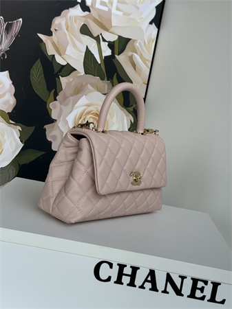 Chanel Small Coco Handle Bag Grained Calfskin Lt Gold Metal Pink A92990