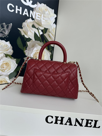 Chanel Small Coco Handle Bag Grained Calfskin Lt Gold Metal Burgundy A92990