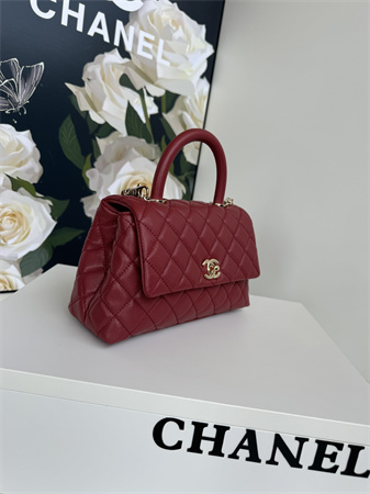 Chanel Small Coco Handle Bag Grained Calfskin Lt Gold Metal Burgundy A92990