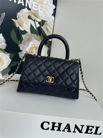Chanel Small Coco Handle Bag Grained Calfskin Lt Gold Metal Black A92990